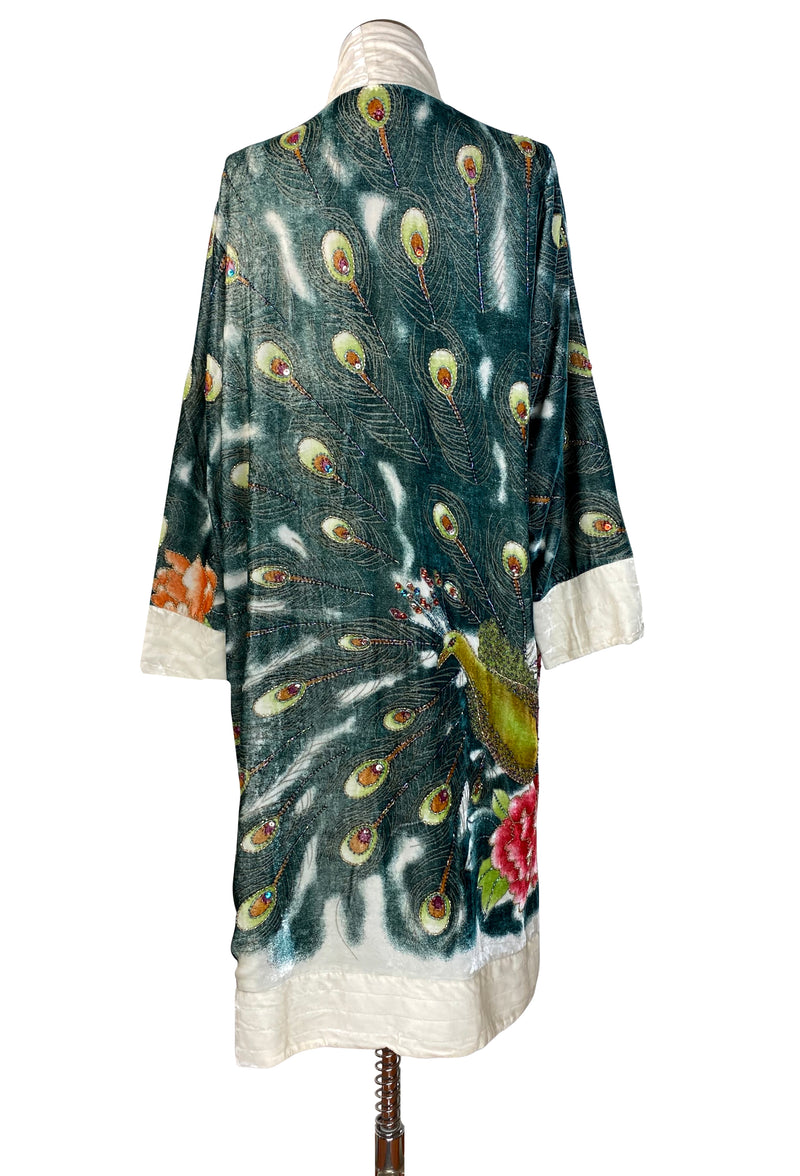Luxe Art Deco 1920s Silk Velvet Beaded Peacock Lounging Robe - Ivory