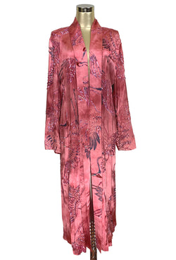 Luxe Art Deco Satin Hand-Dye Beaded 1920s Japanese Swan Lounging Robe - Flamingo Pink - The Deco Haus