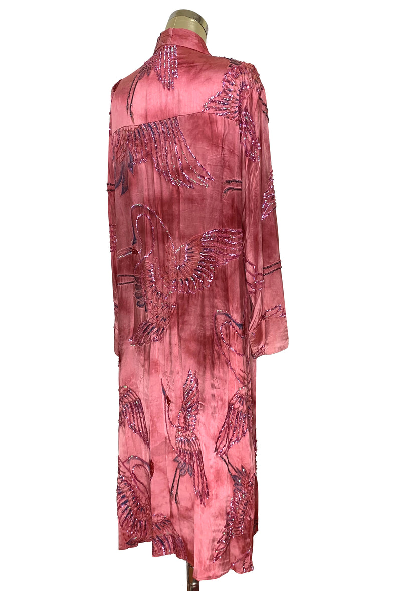 Luxe Art Deco Satin Hand-Dye Beaded 1920s Japanese Swan Lounging Robe - Flamingo Pink - The Deco Haus