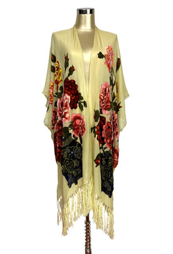Luxury Victorian Bouquet Silk Chiffon Tassel 20s Dressing Room Wrap - Lemon Yellow