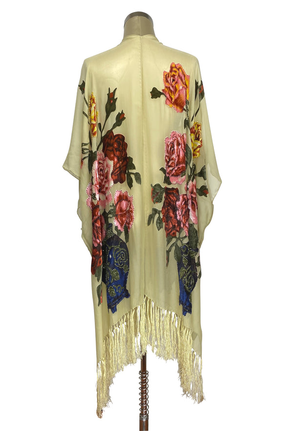 Luxury Victorian Bouquet Silk Chiffon Tassel 20s Dressing Room Wrap - Buttercup