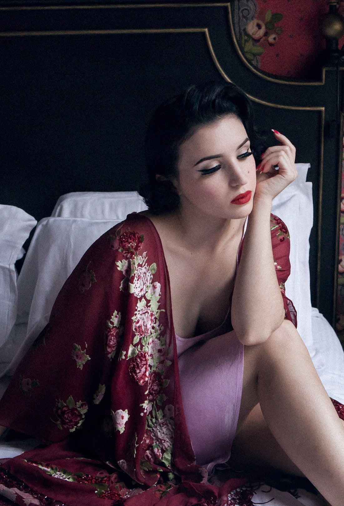 Luxury English Rose Silk Chiffon Tassel 20s Dressing Room Wrap - Burgundy Red The Deco Haus