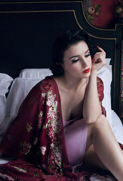Luxury English Rose Silk Chiffon Tassel 20s Dressing Room Wrap - Burgundy Red The Deco Haus