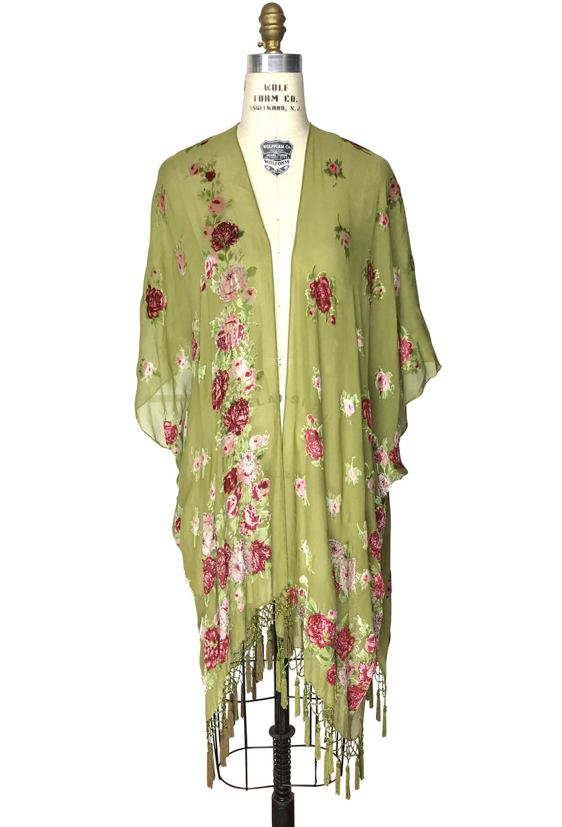 Luxury English Rose Silk Chiffon Tassel 20s Dressing Room Wrap - Olive Green - The Deco Haus