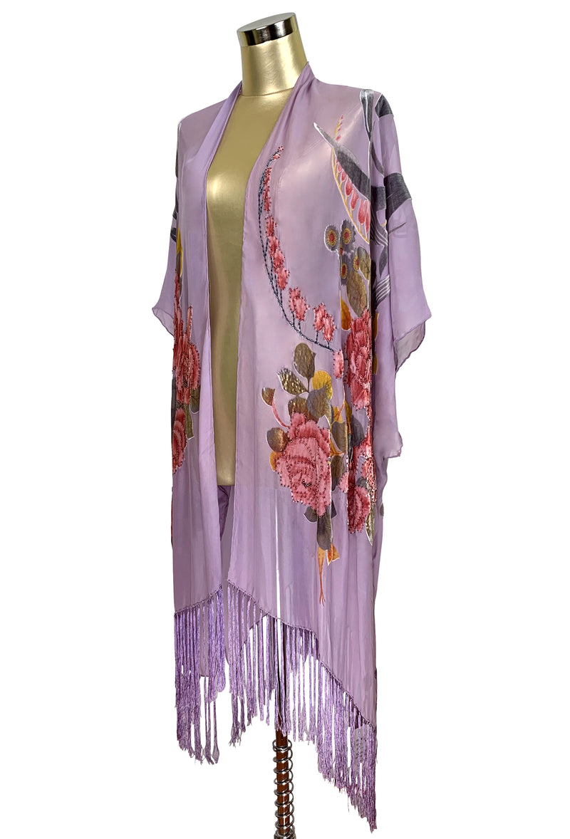 Luxury Victorian Rose Silk Chiffon Tassel 20s Dressing Room Wrap - Lavender - The Deco Haus