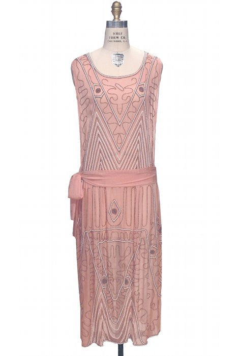 1920's Vintage Silk Hip Sash Beaded Bohemian Gatsby Party Dress - The Pavlova - Blush - The Deco Haus