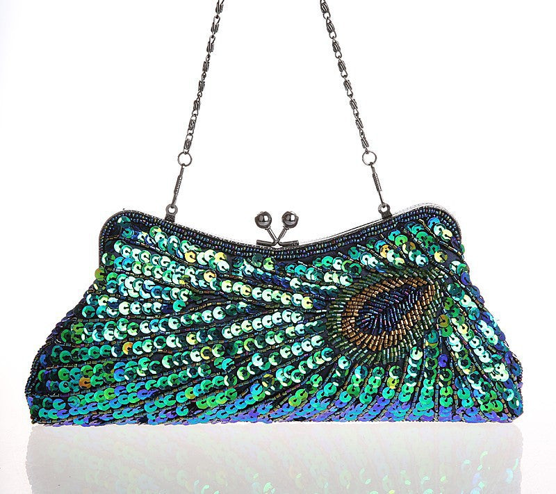 1930's Inspired Art Deco Beaded Evening Purse - Peacock Green - The Deco Haus