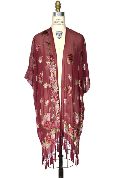 Luxury English Rose Silk Chiffon Tassel 20s Dressing Room Wrap - Burgundy Red The Deco Haus