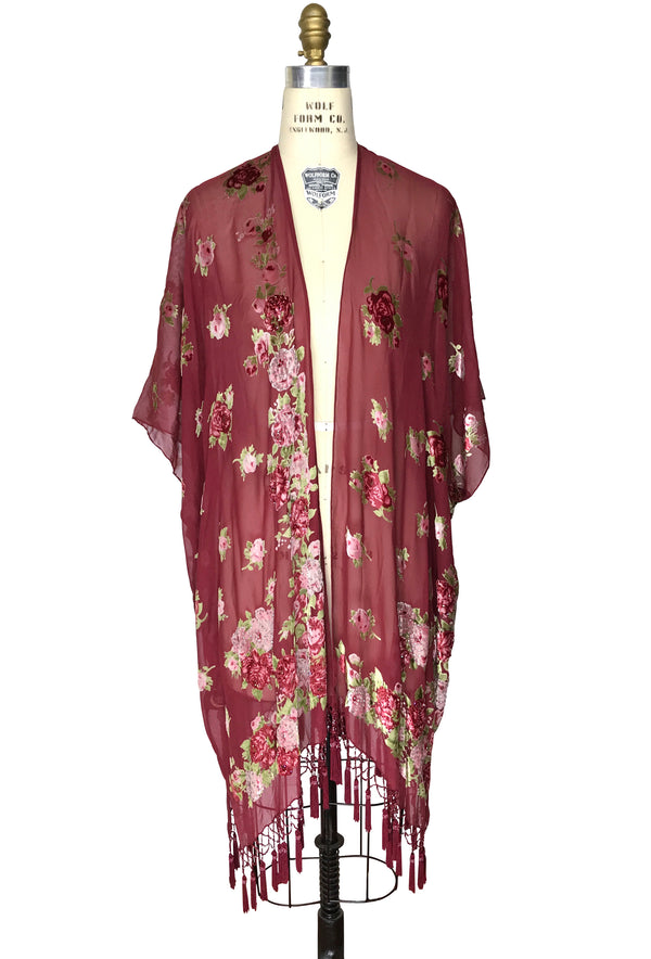 Luxury English Rose Silk Chiffon Tassel 20s Dressing Room Wrap - Burgundy Red - The Deco Haus