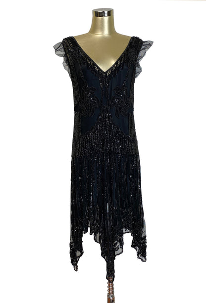 The 1920s Hollywood Regency Handkerchief Vintage Gown - Black Jet