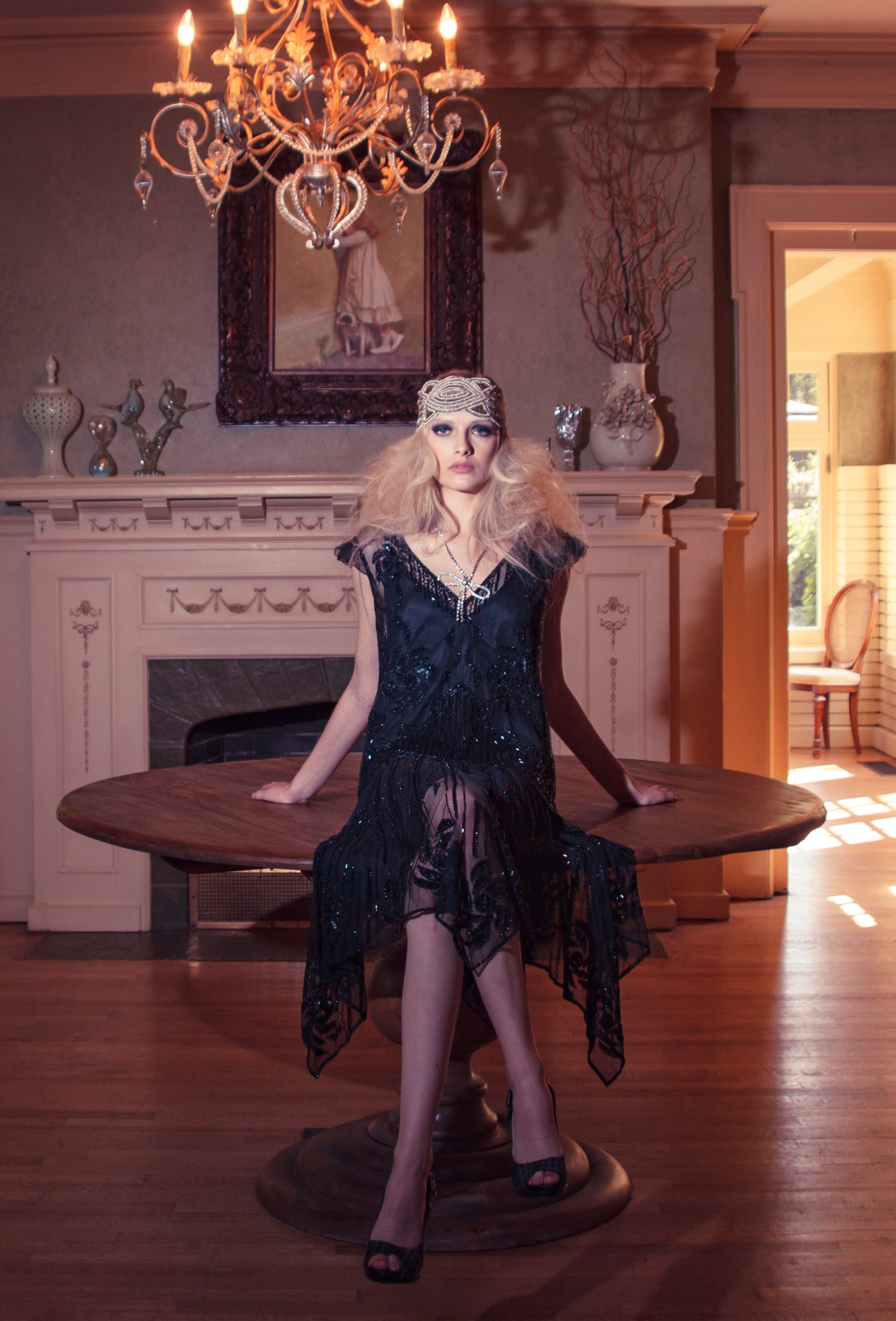 The 1920s Hollywood Regency Handkerchief Vintage Gown - Black Jet The Deco Haus
