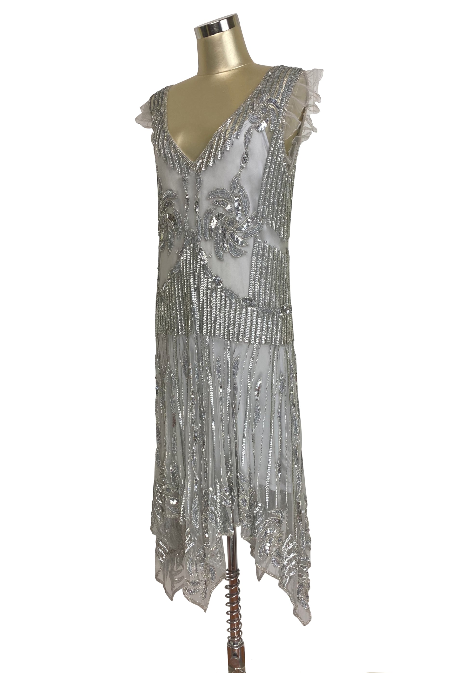 The 1920s Hollywood Regency Handkerchief Vintage Gown - Silver The Deco Haus