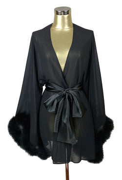 The 1930's Ostrich Glamour Boudoir Lounging Robe - Black Noir - The Deco Haus