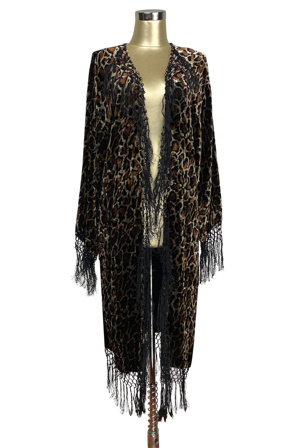 The 1930's Silk Velvet Art Deco Scarf Coat - Black Leopard