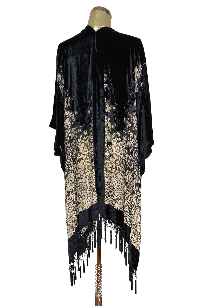 The Art Deco Mini Floral Silk Velvet Burnout Beaded Evening Wrap - Black