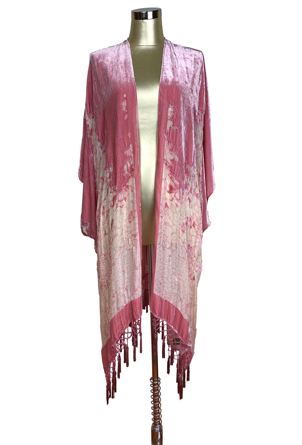 The Art Deco Mini Floral Silk Velvet Burnout Beaded Evening Wrap - Rose Pink