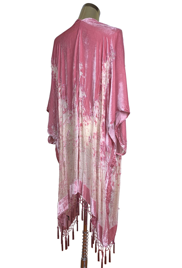 The Art Deco Mini Floral Silk Velvet Burnout Beaded Evening Wrap - Rose Pink