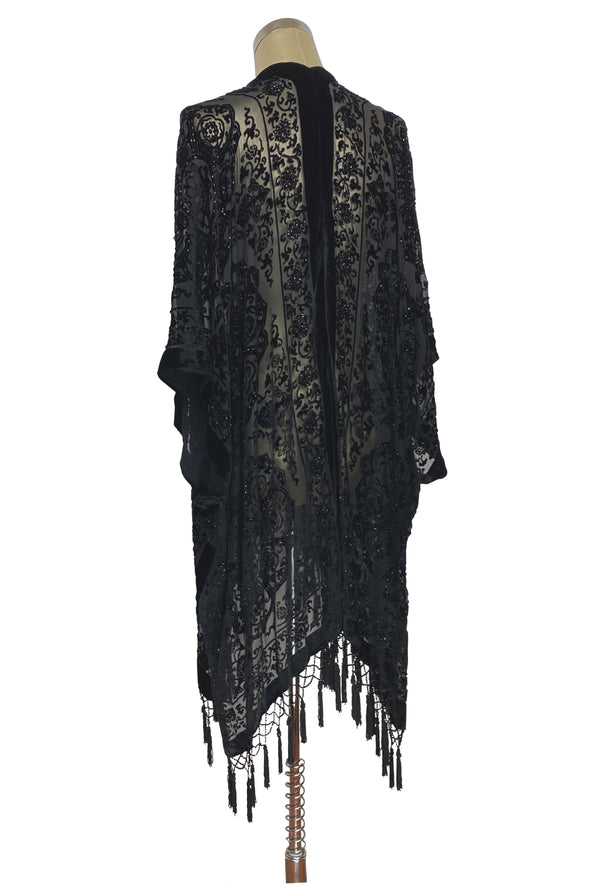 The Art Deco Renaissance Floral Silk Velvet Burnout Beaded Evening Wrap - Black