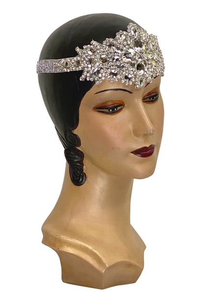 Silver crystal art deco flapper headband with pronged center stones