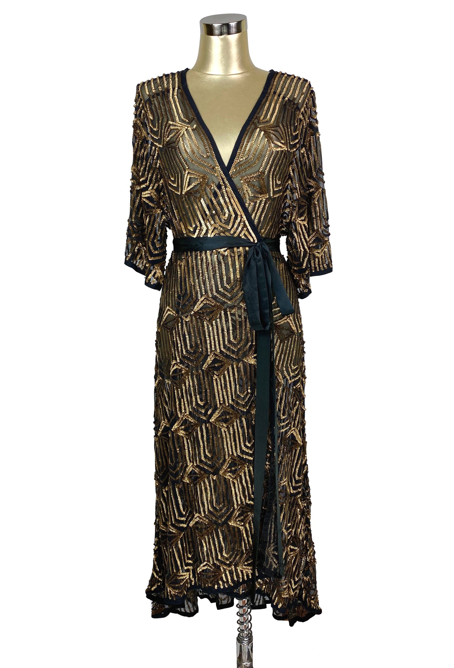 The Femme Fatale 1920s Glamour Vintage Wrap Dress - Antique Gold on Kohl - The Deco Haus