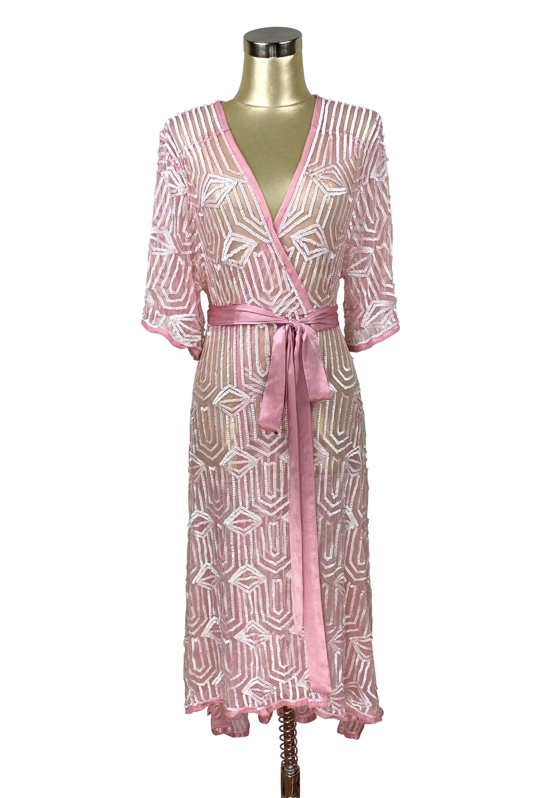 The Femme Fatale 1920s Glamour Vintage Wrap Dress - Vintage Pink Pearl The Deco Haus
