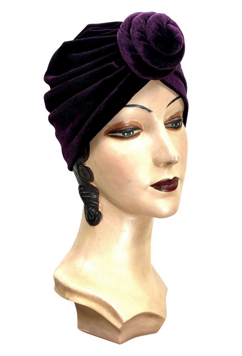 The Swanson 1920's Deco Knotted Evening Turban - Vintage Plum Velvet