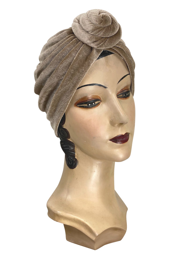 The Swanson 1920's Deco Knotted Evening Turban - Sand Velvet The Deco Haus