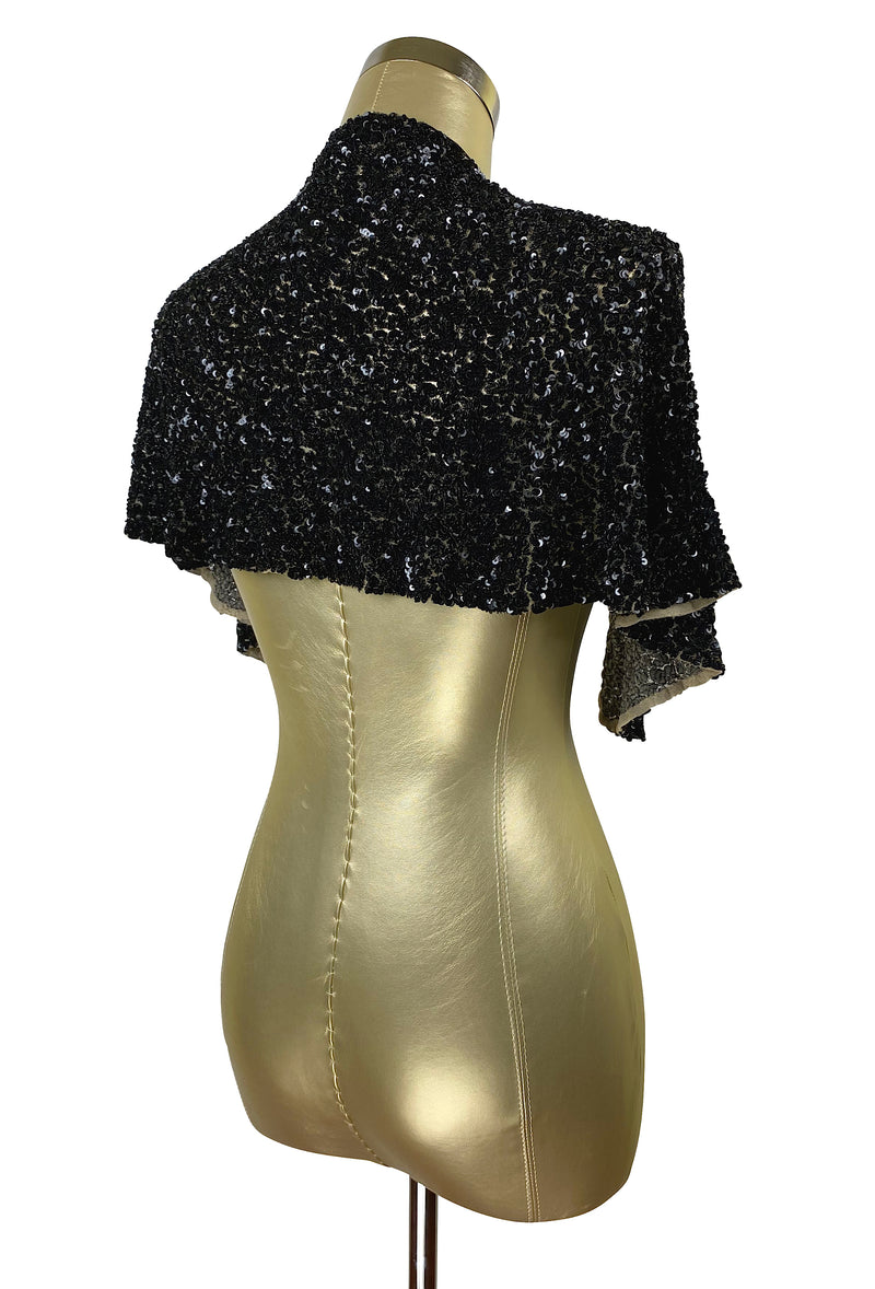 The Vintage Hollywood Luxe Cluster Tie 1930's Evening Capelet - Black Jet - The Deco Haus