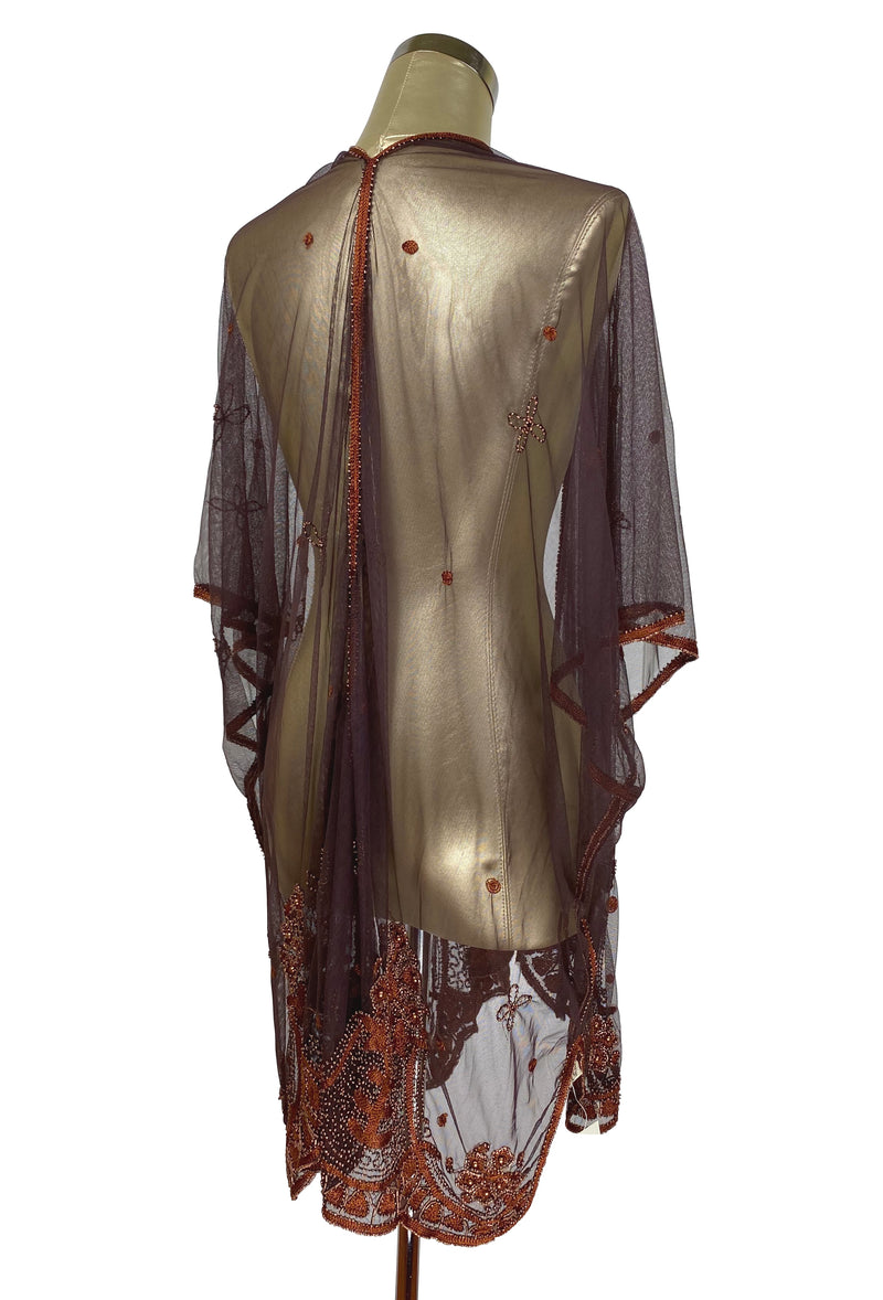 The Vintage Romance Embroidered Pearl Mesh Evening Wrap - Mocha Brown - The Deco Haus