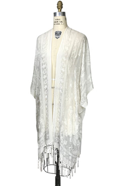 The Victorian Rose Burnout Silk Velvet Fringe 20s Evening Wrap - White - The Deco Haus