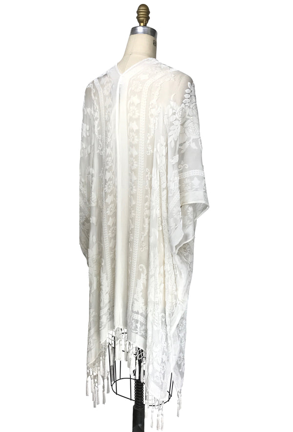 The Victorian Rose Burnout Silk Velvet Fringe 20s Evening Wrap - White - The Deco Haus
