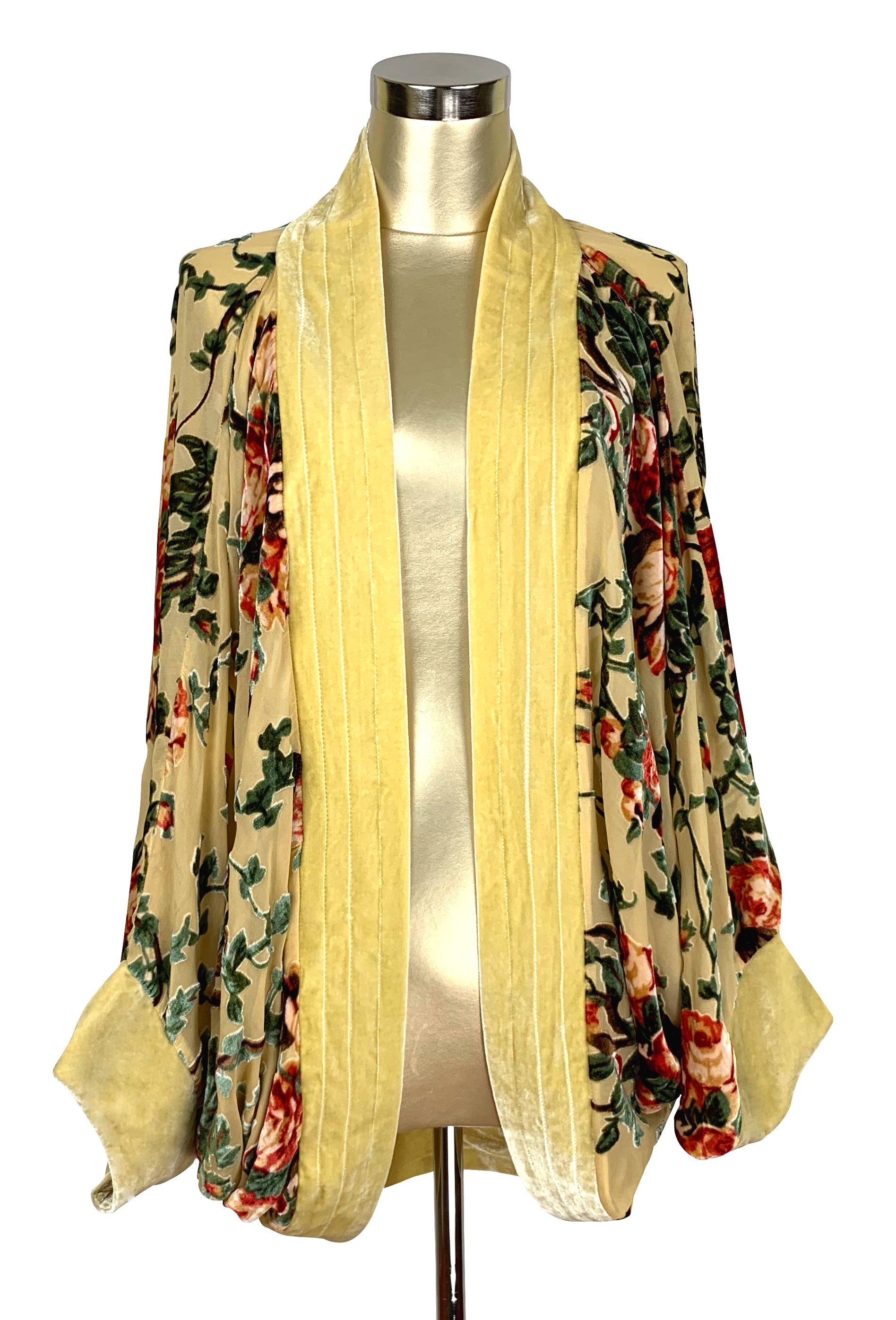 The Art Deco Silk Velvet Burnout Cocoon 1920s Smoking Jacket - Yellow