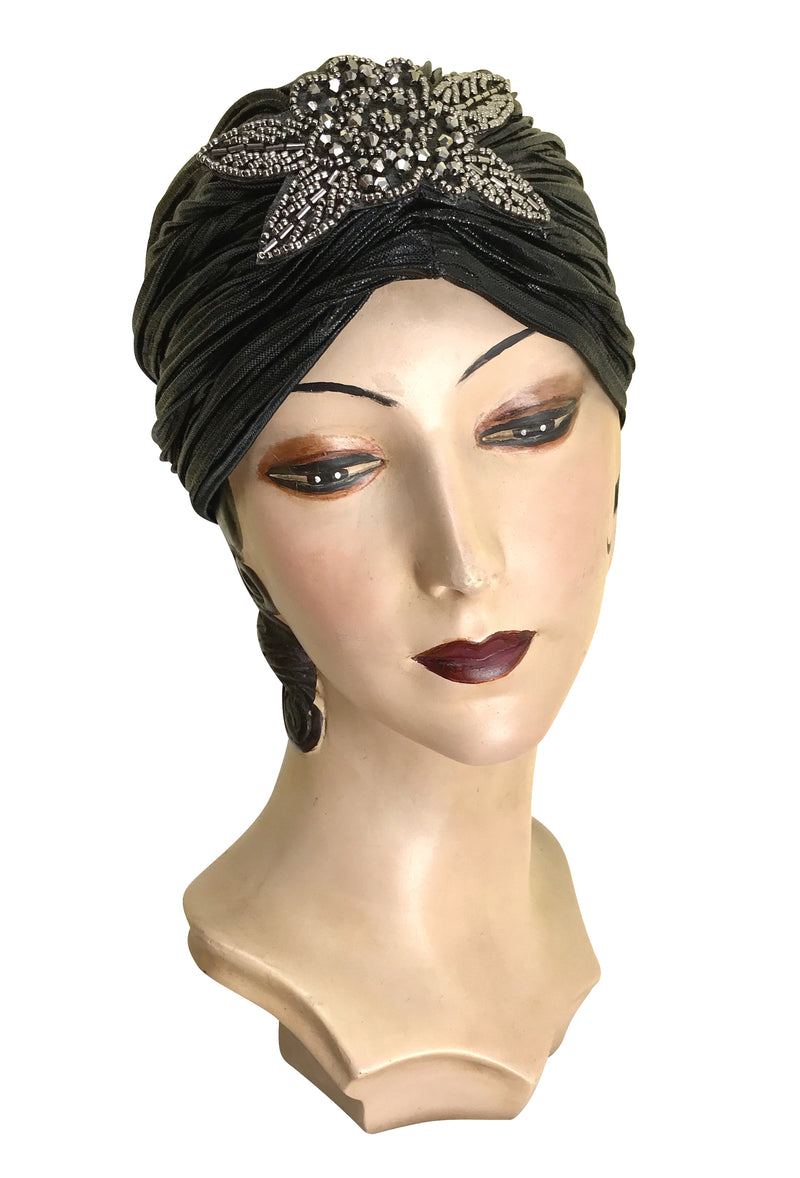 The Black Lamé 1920's Deco Beaded Appliqué Evening Turban