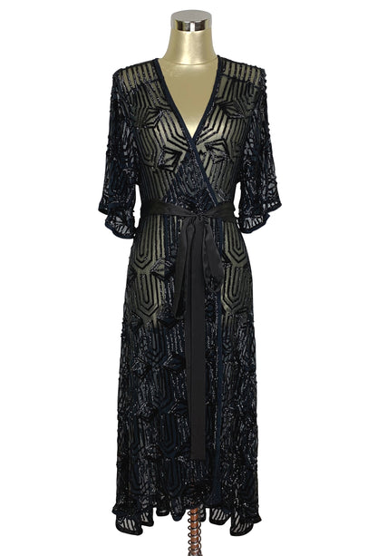 The Femme Fatale 1920s Glamour Vintage Wrap Dress - Kohl - The Deco Haus