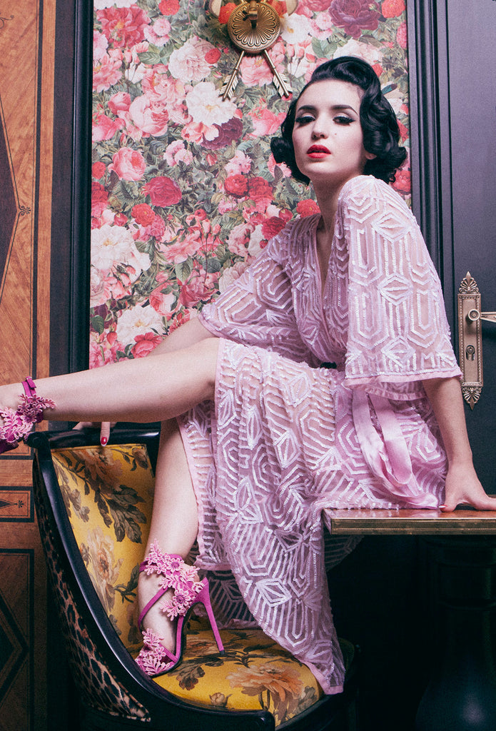 The Femme Fatale 1920s Glamour Vintage Wrap Dress - Vintage Pink Pearl