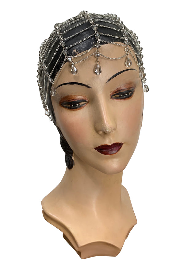 The Flapper Chain Crystal Teardrop 20's Party Cap - Silver - The Deco Haus