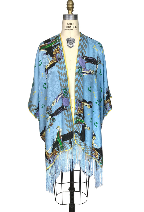 The Great Gatsby Party Jacquard Silk Fringe 20s Evening Wrap - Cornflower Blue - The Deco Haus
