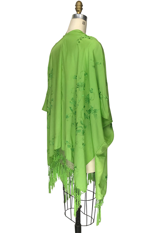 The Madame Butterfly Embroidered Silk Fringe 20s Evening Wrap - French Lime - The Deco Haus