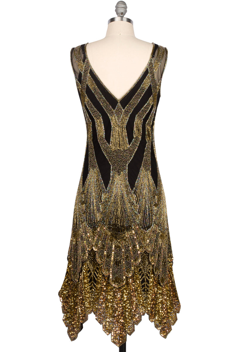 The Paris 1920's Handkerchief Scallop Panel Art Deco Gown - Black Gold - The Deco Haus