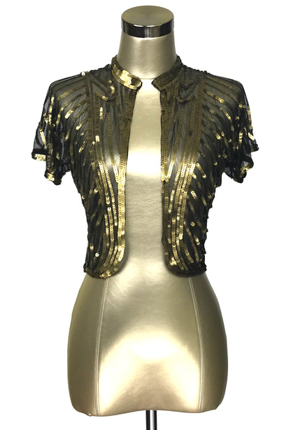 The Vintage Art Nouveau Hand Beaded Sequin Bolero Jacket - Gold on Black - The Deco Haus