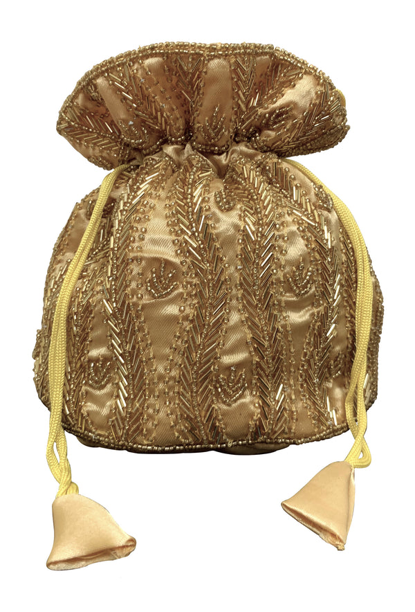 Deco Essential - Victorian Beaded Satin Pouch Bag - Gold - The Deco Haus