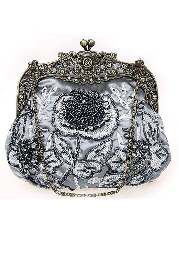 Vintage Victorian Beaded Satin Evening Purse - Sterling Silver - The Deco Haus