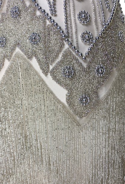 Vintage 1920s Art Deco Beaded Layered Fringe Gown - The De Luxe - Champagne Silver