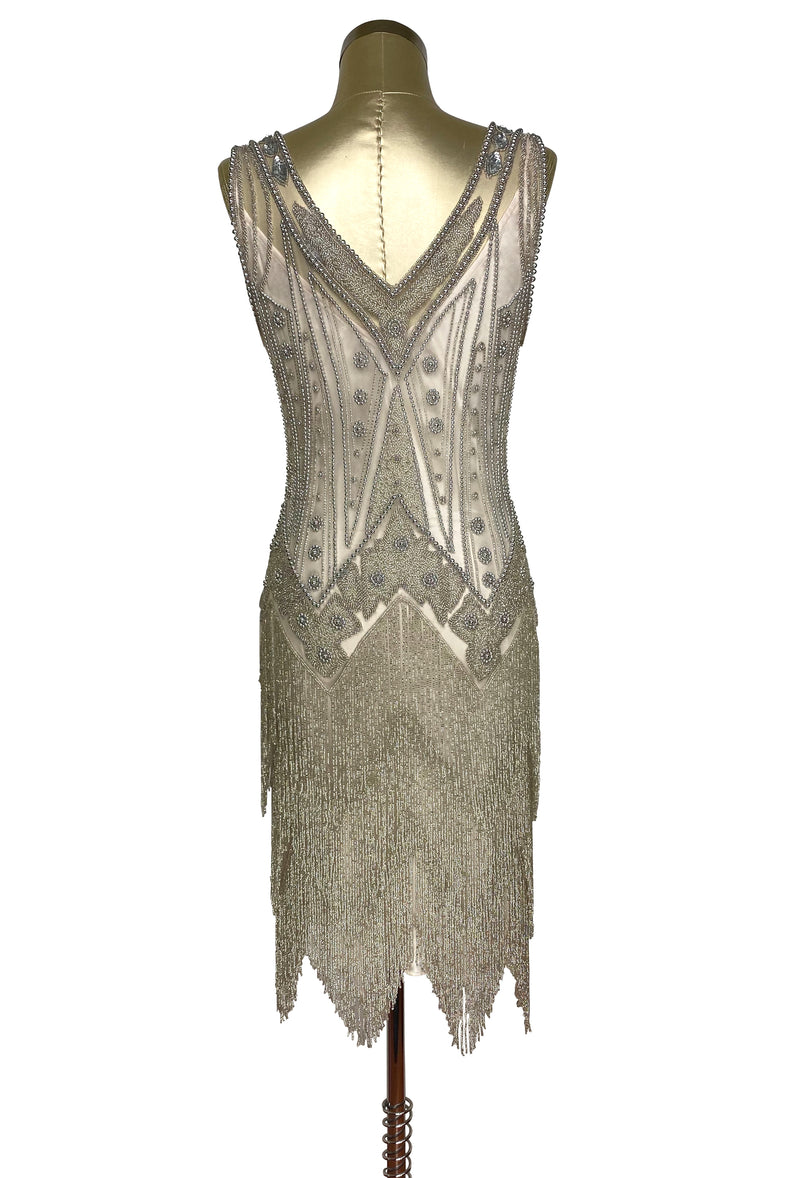 Vintage 1920s Art Deco Beaded Layered Fringe Gown - The De Luxe - Champagne Silver