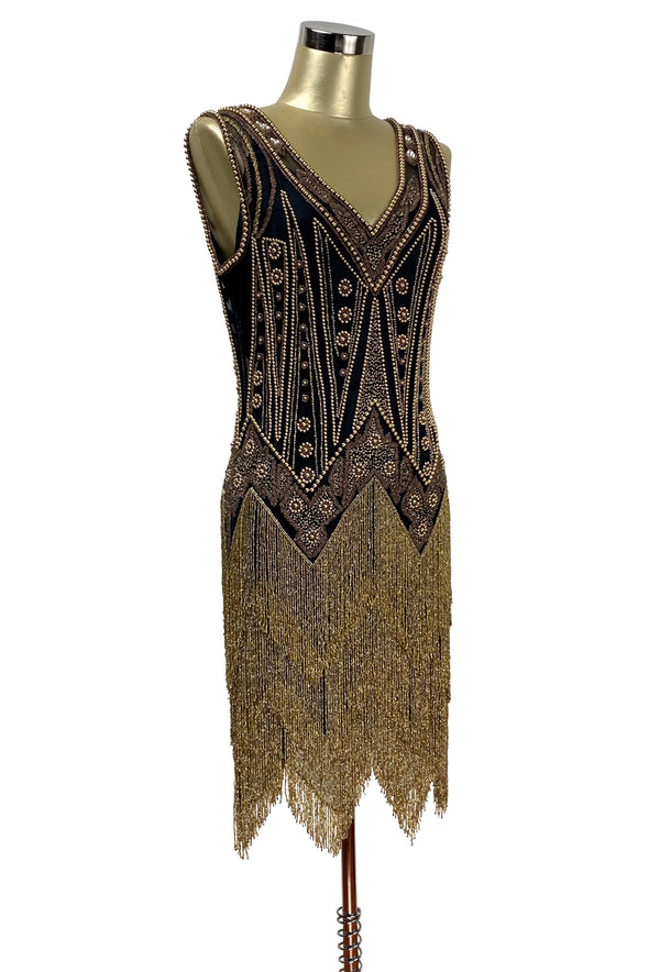 Vintage 1920s Art Deco Beaded Layered Fringe Gown - The De Luxe - Black Gold