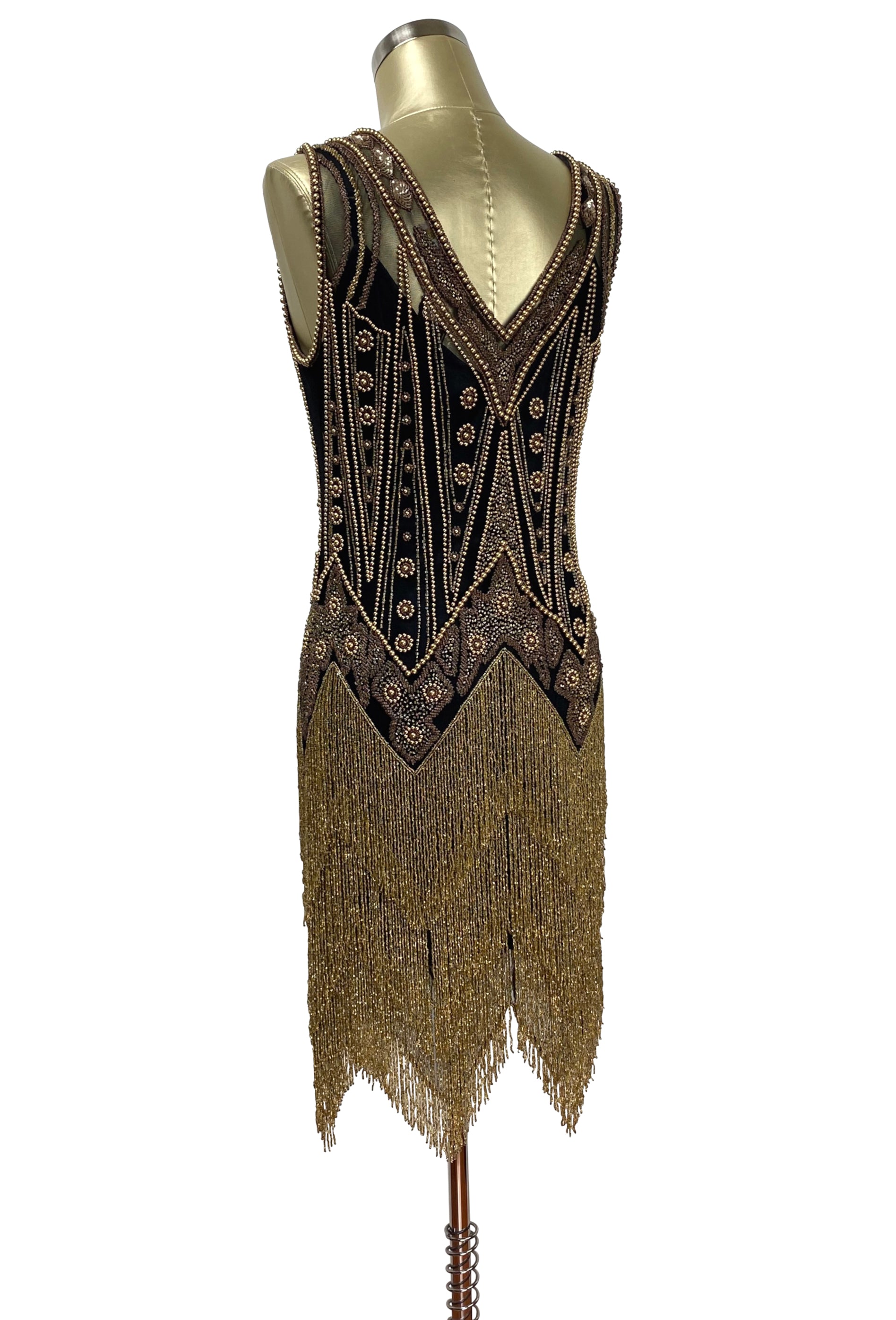 Vintage 1920s Art Deco Beaded Layered Fringe Gown - The De Luxe - Black Gold The Deco Haus