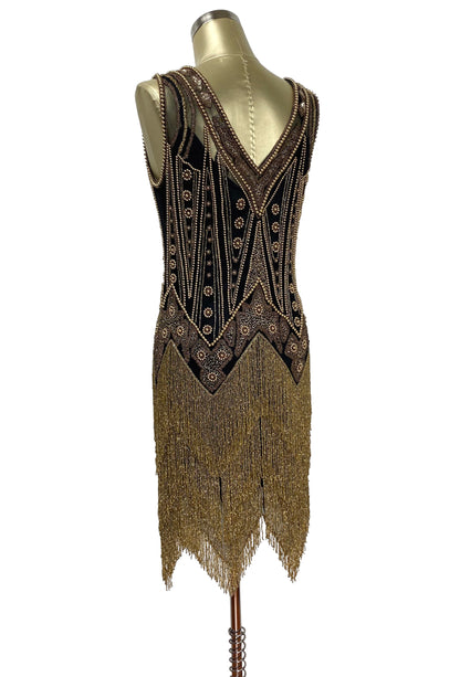Vintage 1920s Art Deco Beaded Layered Fringe Gown - The De Luxe - Black Gold