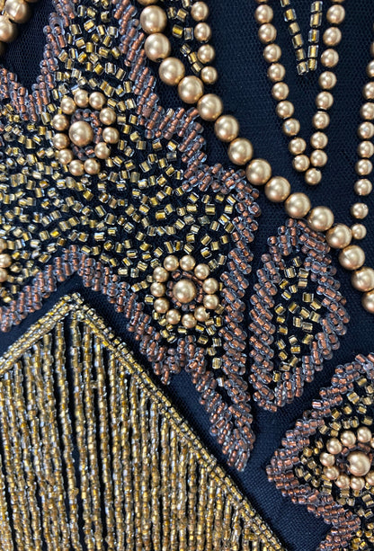 Vintage 1920s Art Deco Beaded Layered Fringe Gown - The De Luxe - Black Gold