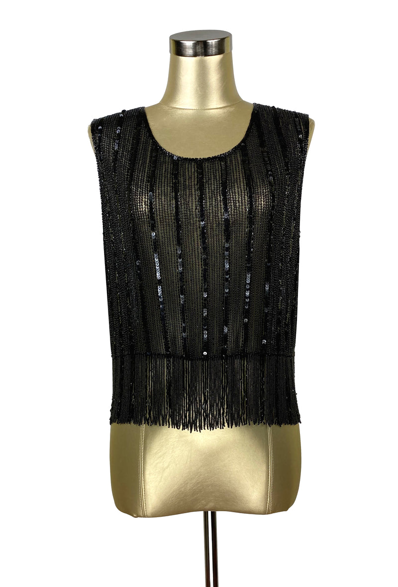 Vintage Luxe Mod Go Go Beaded Fringe Couture Evening Top - Black Satin - The Deco Haus