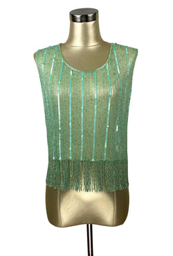Vintage Luxe Mod Go Go Beaded Fringe Cocktail Evening Top - Deco Green